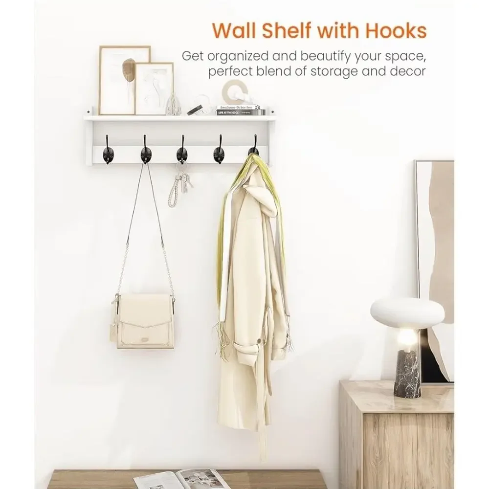 Wall Mount Coat Rack with Shelf 5 Hooks for Coats Backpacks Keys, White
